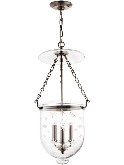Hampton Large Bell Jar Hall Pendant With Etched Star Pattern In Historic Nickel.